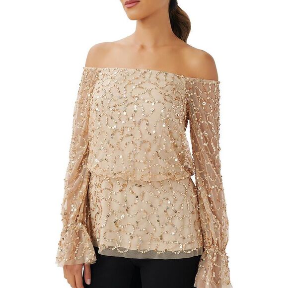 Adrianna Papell Tops - Adrianna Papell Womens Beige Mesh Sequined Pullover Top Shirt NWT